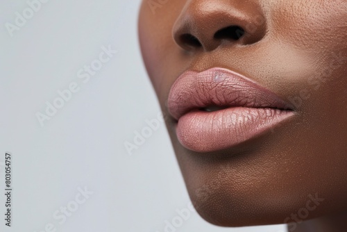 Close up of lips, with smooth and plump pink lipstick. Close shot of a woman's face. High resolution photography with detailed skin texture