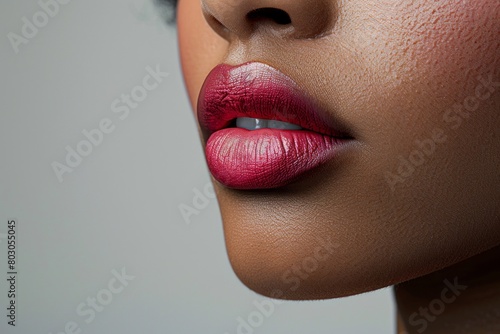 Close up of lips, with smooth and plump pink lipstick. Close shot of a woman's face. High resolution photography with detailed skin texture