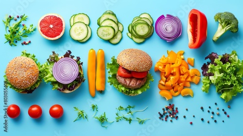 An array of fresh vegetables and a wholesome burger neatly arranged on a vibrant blue background, showcasing a colorful and balanced meal presentation.