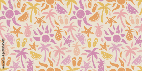Fun hand drawn summer seamless pattern, cute doodles like palm trees and pineapples, great for textiles, banners, wallpapers, wrapping - vector design