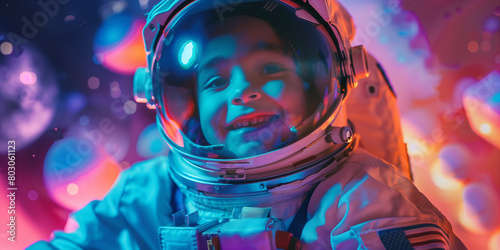 Cheerful child wearing astronaut suit in space. Kid in spacesuit watching meteorites and stars. Children dreams concept.