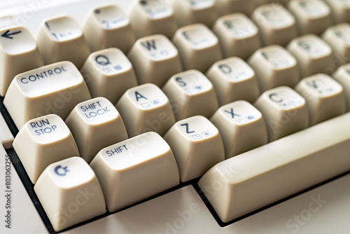 Close-up of vintage Commodore 64 keyboard with cream-colored keys and letters. Daylight illuminating the retro computer.