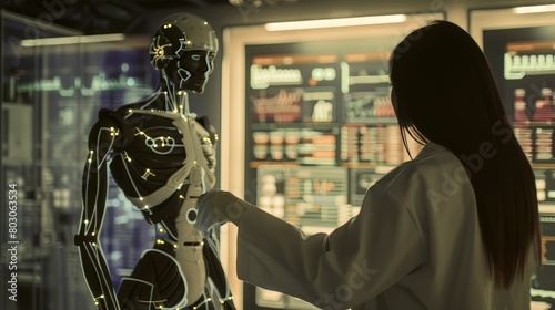 A woman in a lab coat is working on a robot. The robot is made of metal and has a skeleton-like appearance. The woman is wearing gloves and she is focused on her work