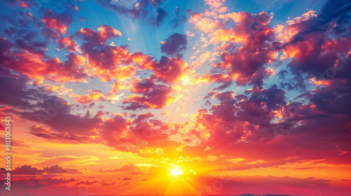 A vibrant sunset with radiant beams illuminating the colorful clouds in a mesmerizing sky