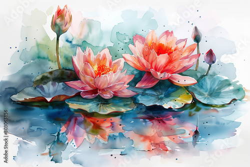 Watercolor painting of lotus in water.