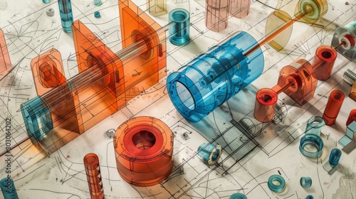 An illustration of a mechanical engineering design featuring transparent 3D models of parts superimposed over technical drawings with measurements and specifications.