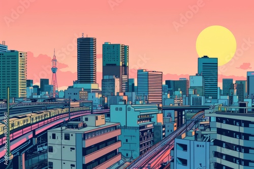 Illustration of Osaka City with with vibrant colors