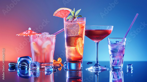 Cocktails, isolated background, colorful and refreshing drinks