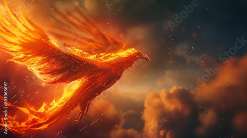 Fiery phoenix soaring through a dramatic sunset sky. Symbol of rebirth and immortality concept.
