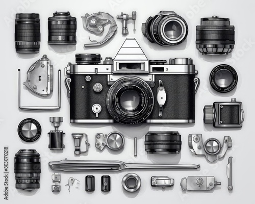 Black and white photo of a vintage camera and its parts on a white background.