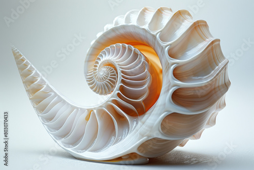 A detailed illustration of a nautilus shell cut in half, showcasing its logarithmic spiral and chambered sections,