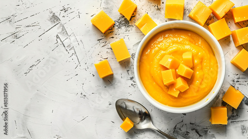 Bowl of tasty cheddar sauce and spoon with cheese cube