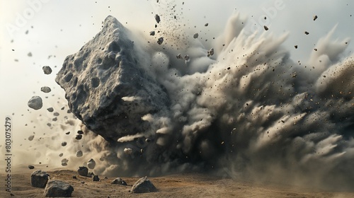 Massive boulder explosion in a dusty landscape.