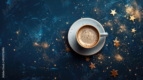 Cup of coffee and stars on a dark blue background. Concept of the Starry sky and Coffee.
