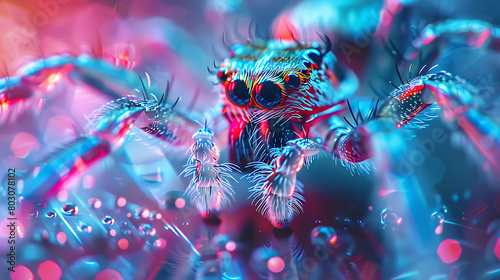 Holographic Enchantment: Transparent Spider Closeup - Macro Special SFX Photography with Neon Lights, Elegant Colors, and Insane Details in Volumetric Lighting