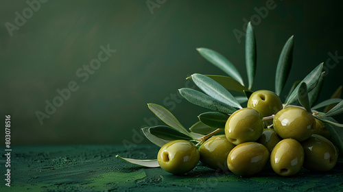 Green olives with leaves on a green background. minimalistic background, copy space concept,