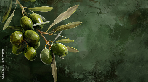Green olives with leaves on a green background. minimalistic background, copy space concept,