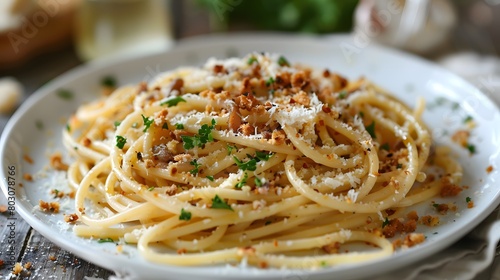 a plate of spaghetti with anchovies and breadcrumbs, focused centrally with the textures detailed and crisp.