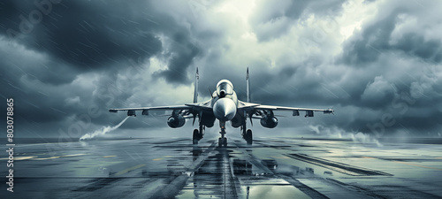 A military fighter jet stands poised on a rainy airfield with dark stormy clouds in the background.