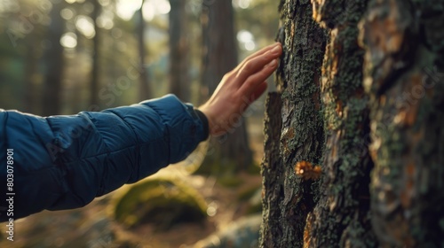 Hand touch the tree trunk. Man hand touches a pine tree trunk, close-up. Human hand touches a tree trunk. Bark wood. Wild forest travel. Ecology - a energy forest nature concept. 