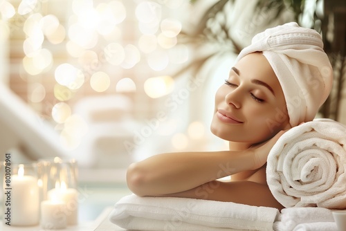 The image captures a moment of pure relaxation with a woman in a towel enjoying a spa day among lit candles