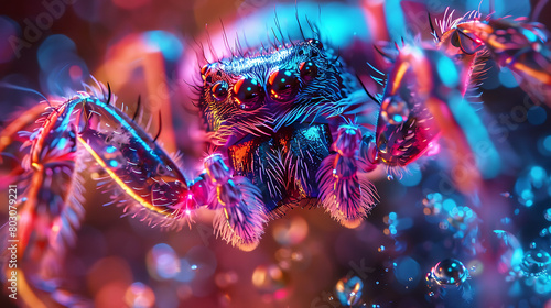 Holographic Enchantment: Transparent Spider Closeup - Macro Special SFX Photography with Neon Lights, Elegant Colors, and Insane Details in Volumetric Lighting