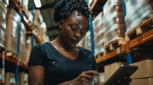 Warehouse woman worker hands checking goods stock on digital tablet. Freight distribution department african american operator arms managing products inventory using application close up