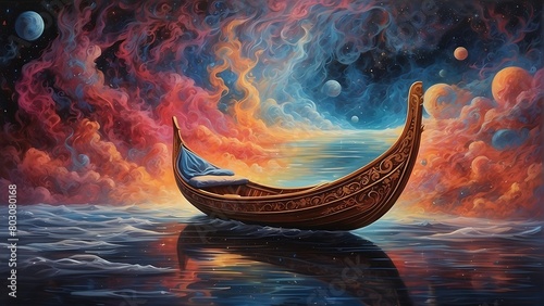  Carved gold rowboat made from antique gold. Floating on the clouds. Colorful waves. Fantasy background. 