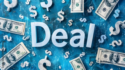 idea of unbeatable offers with a captivating banner showcasing the word "Deal" surrounded by dollar signs and percentage symbols, promising great savings.