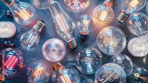 Close-up of multiple illuminated light bulbs floating with a variety of filament designs and colorful glows.