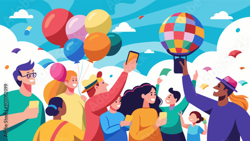 A joyful crowd of people admiring and taking pictures of the impressive and colorful balloon sculptures.. Vector illustration
