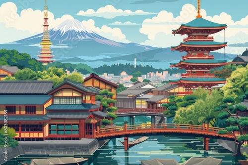 Illustration of Kyoto City with with vibrant colors