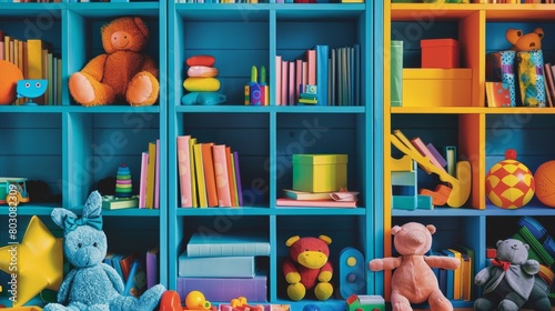 Colorful children's bookshelf with toys and books in a playful arrangement