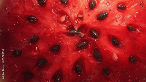  close-up image of a watermelon bursting with vibrant red flesh and dark seeds, 