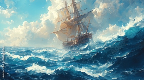  majestic tall ship sailing through a stormy sea in a classic oil painting style. 