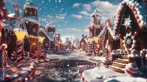 Enchanting Winter Candy Land with Sparkling Snow and Festive Gingerbread Houses