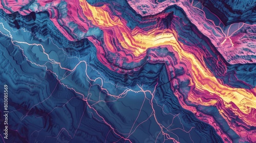 Colorful topographic map with abstract seismic fault lines