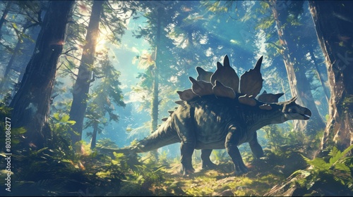  Stegosaurus grazing in a lush prehistoric forest, with sunlight filtering through the trees. 