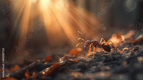 macro close up photography of forest ant, insect photography, blurred background, sun rays created with generative ai technology