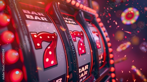 Close-up view of a vibrant slot machine display showing the lucky number seven with glowing lights and dynamic particles.