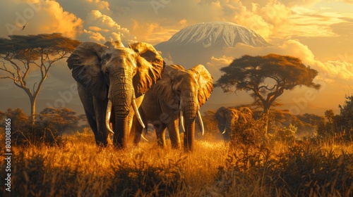 Two elephants walking in the wild, with a mountain in the background