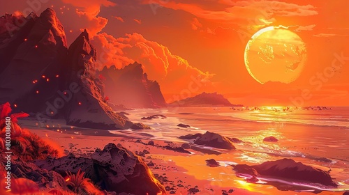 dreamy illustrated beach with orange sky on rocky island fantasy landscape concept art