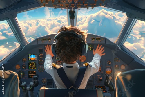 A young boy is piloting a plane with a cockpit view