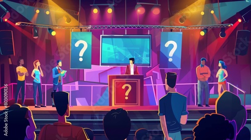 Colorful illustration of a quiz show scene with contestants and an audience in a vibrant game show setting.