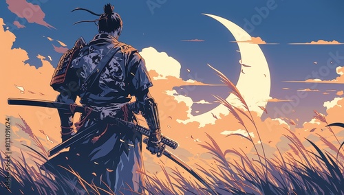 Samurai with his back turned holding a katana stands on grassland looking at distant clouds and sky. He wears a gray kimono with a dark orange patterned skintight armor. Huge moon in the background .