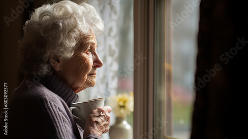 An older woman staring out of a window with a cup of tea in her hand.