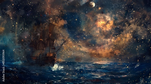 A pirate ship sails under a luminous full moon in a starry night sky on the high seas