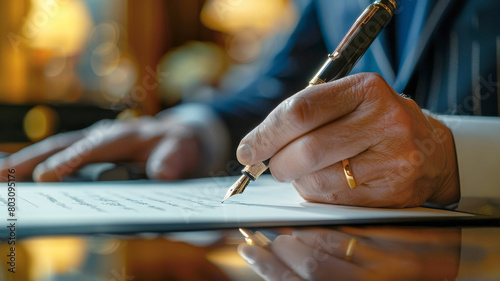 Elegant signing of a document. Depicts the significance of agreements in business and law.