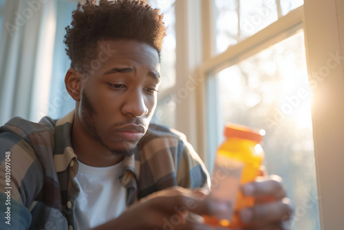 Concerned young man examining a medicine bottle. Reflects healthcare, personal well-being, and medical information. Useful for health and wellness articles.