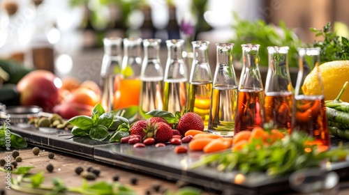 Food Science solutions as a nutritionist or scientist with nutrients and foods as a solution solving a puzzle of nutrition and caloric intake as a dietary health concept for digestion fitness.